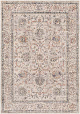 Close-up of the Temelec Area Rug featuring a traditional floral pattern in beige, burnt orange, and charcoal tones. Design-Rectangle-5373