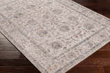 Close-up of the Temelec Area Rug showing its beige, burnt orange, and charcoal traditional floral pattern and texture. Corner