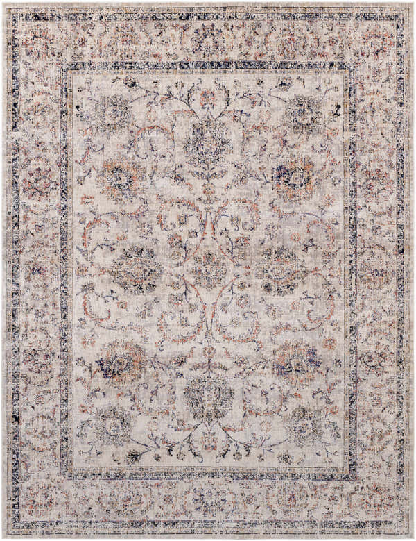 Close-up of the Temelec Area Rug. Beige rug with burnt orange, charcoal, and cream floral pattern and traditional border. Design-Rectangle-710