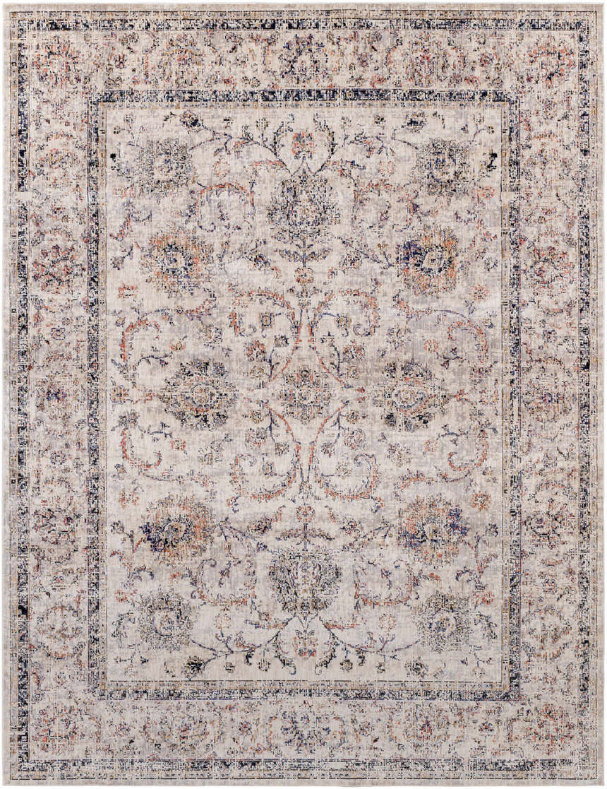 Close-up of the Temelec Area Rug. Beige rug with burnt orange, charcoal, and cream floral pattern and traditional border. Design-Rectangle-710