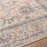 Close-up of the Temelec Area Rug, a beige polyester rug with burnt orange, charcoal, and slate floral and oriental patterns. Texture