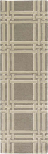 Close-up of the Templeton Area Rug. Gray wool rug with a contemporary ivory and white geometric pattern. Hand-hooked texture. Design-Runner-268