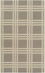 Close-up of the Templeton Area Rug featuring a gray background and an ivory geometric, basketweave pattern. Design-Rectangle-576