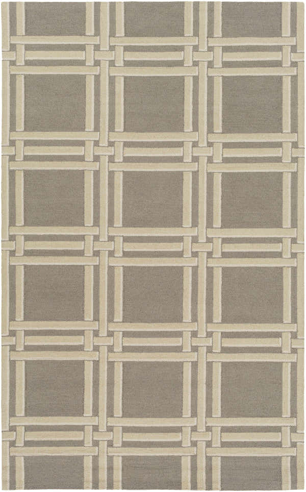 Close-up of the Templeton Area Rug featuring a gray background and an ivory geometric, basketweave pattern. Design-Rectangle-576