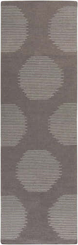 Close-up of the Tensed Area Rug. Charcoal wool rug with a contemporary, striped oval pattern. Hand woven texture. Design-Runner-268
