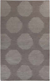 Close-up of the Tensed Area Rug. Charcoal wool rug with a contemporary striped circle pattern. Hand woven texture. Design-Rectangle-58