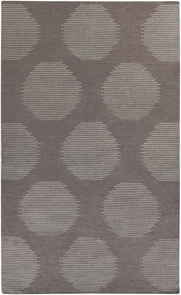 Close-up of the Tensed Area Rug. Charcoal wool rug with a contemporary striped circle pattern. Hand woven texture. Design-Rectangle-58