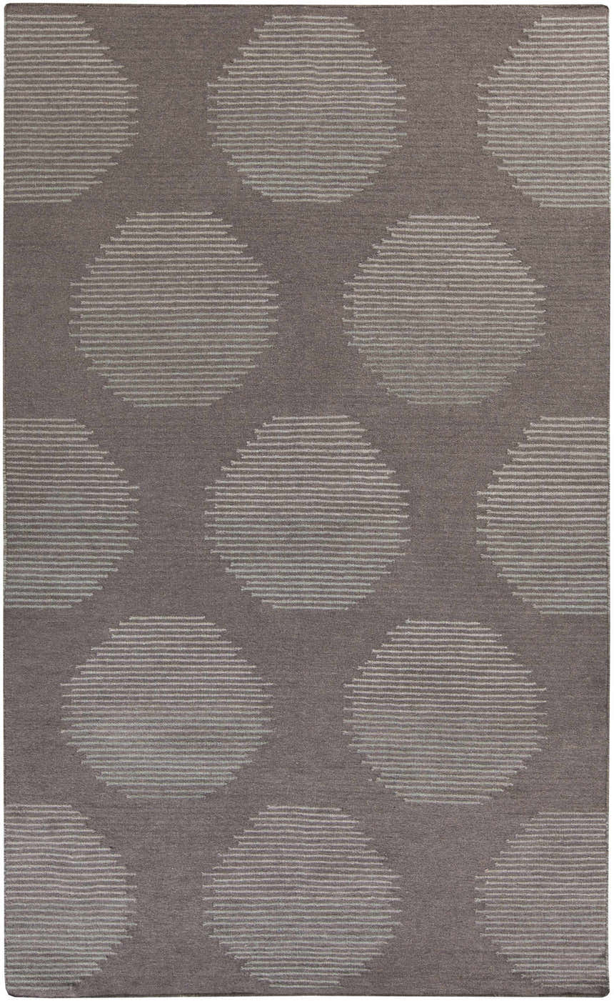Close-up of the Tensed Area Rug. Charcoal wool rug with a contemporary striped circle pattern. Hand woven texture. Design-Rectangle-58