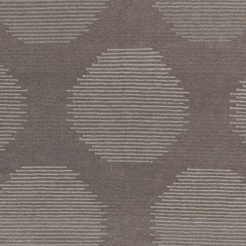 Close-up of the Tensed Area Rug; charcoal wool with a modern geometric pattern of striped circles. Swatch