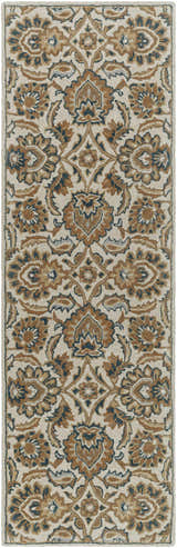 Close-up of the Teom Area Rug, a hand-tufted wool runner with a traditional floral pattern in beige, brown, and blue tones. Design-Runner-268