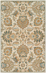 Detailed floral pattern of the hand-tufted Teom Area Rug. Beige background with camel, brown, and teal accents. Design-Rectangle-58