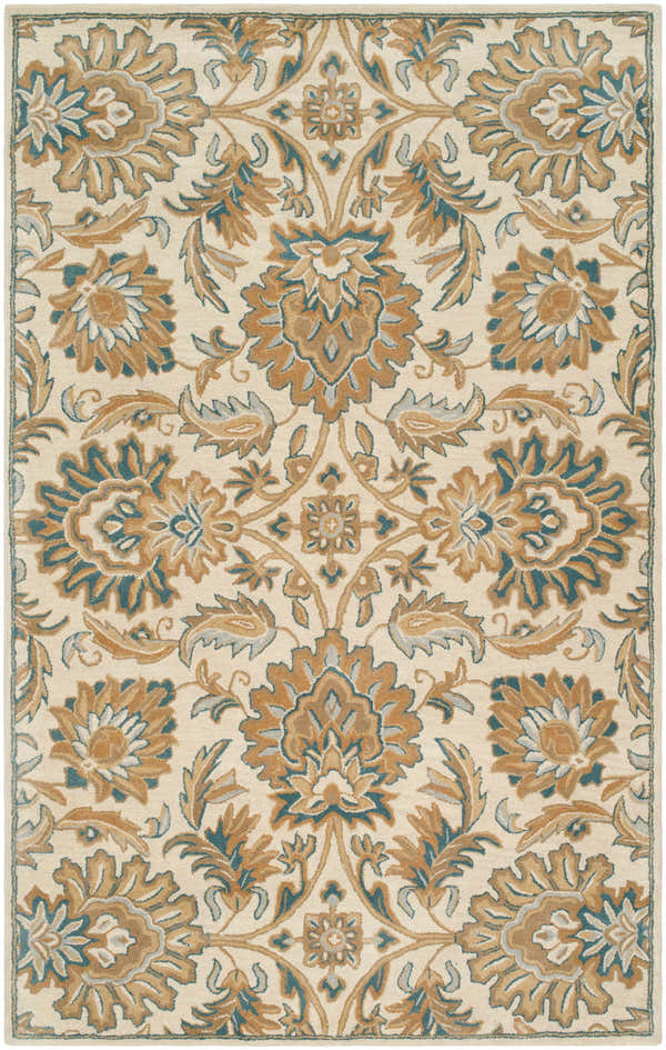 Detailed floral pattern of the hand-tufted Teom Area Rug. Beige background with camel, brown, and teal accents. Design-Rectangle-58