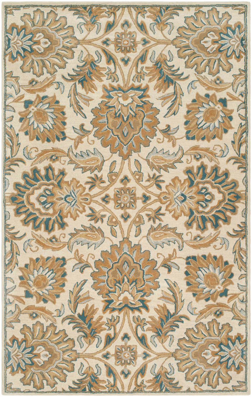 Detailed floral pattern of the hand-tufted Teom Area Rug. Beige background with camel, brown, and teal accents. Design-Rectangle-58