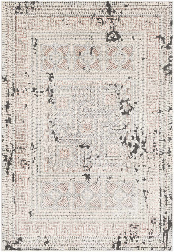 Close-up of the Terlingua Area Rug - Clearance, featuring a beige and light blue mosaic-style pattern with black distressing. Design-Rectangle-5373