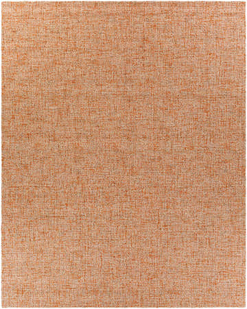 Close-up of the Teresita Area Rug, a hand-tufted wool rug in burnt orange and ivory with a subtle textured pattern. Design-Rectangle-810