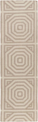 Close-up of the Terlton Ivory Greek Geometric Rug, a hand-woven wool runner with taupe accents. Contemporary style. Design-Runner-268