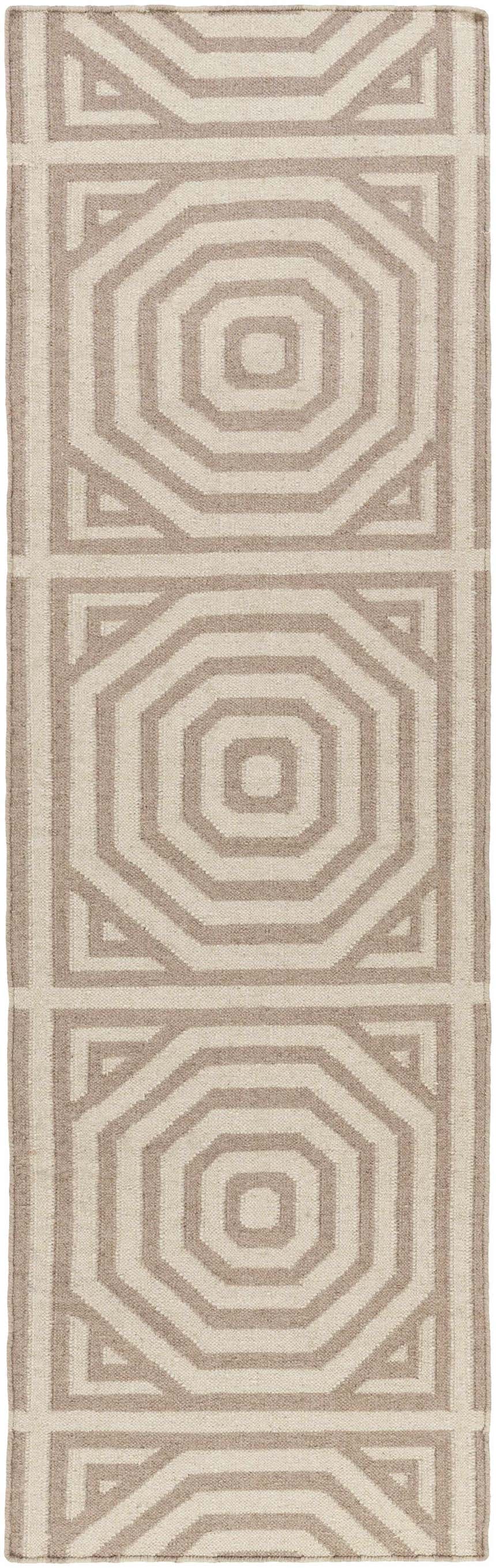 Close-up of the Terlton Ivory Greek Geometric Rug, a hand-woven wool runner with taupe accents. Contemporary style. Design-Runner-268