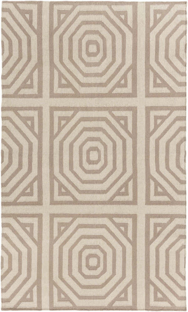 Close-up of the Terlton Ivory Greek Geometric Rug, a hand-woven wool rug with an ivory and taupe octagon pattern. Design-Rectangle-576