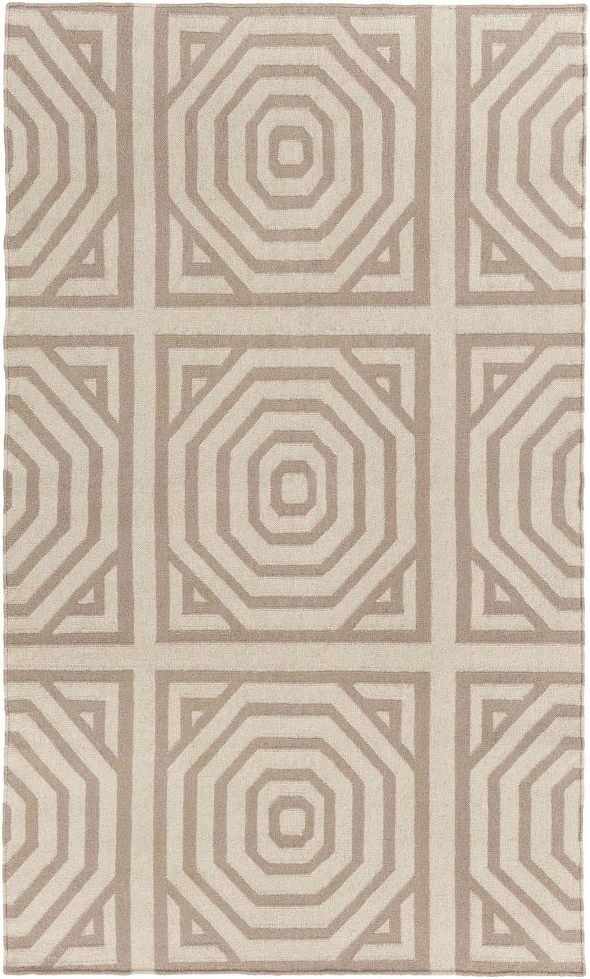 Close-up of the Terlton Ivory Greek Geometric Rug, a hand-woven wool rug with an ivory and taupe octagon pattern. Design-Rectangle-576