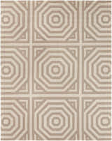 Close-up of the Terlton Ivory Greek Geometric Rug, a hand-woven wool rug with taupe octagonal patterns. Design-Rectangle-810