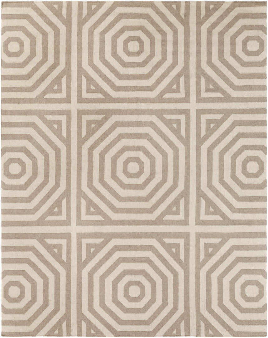 Close-up of the Terlton Ivory Greek Geometric Rug, a hand-woven wool rug with taupe octagonal patterns. Design-Rectangle-810