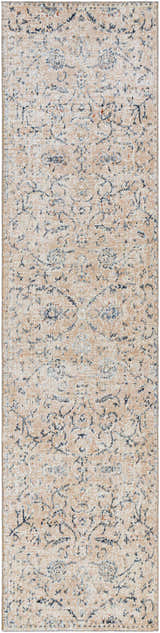 Close-up of Ternate Area Rug: cream, light beige, and navy traditional pattern. Machine woven polyester rug. Design-Runner-2610