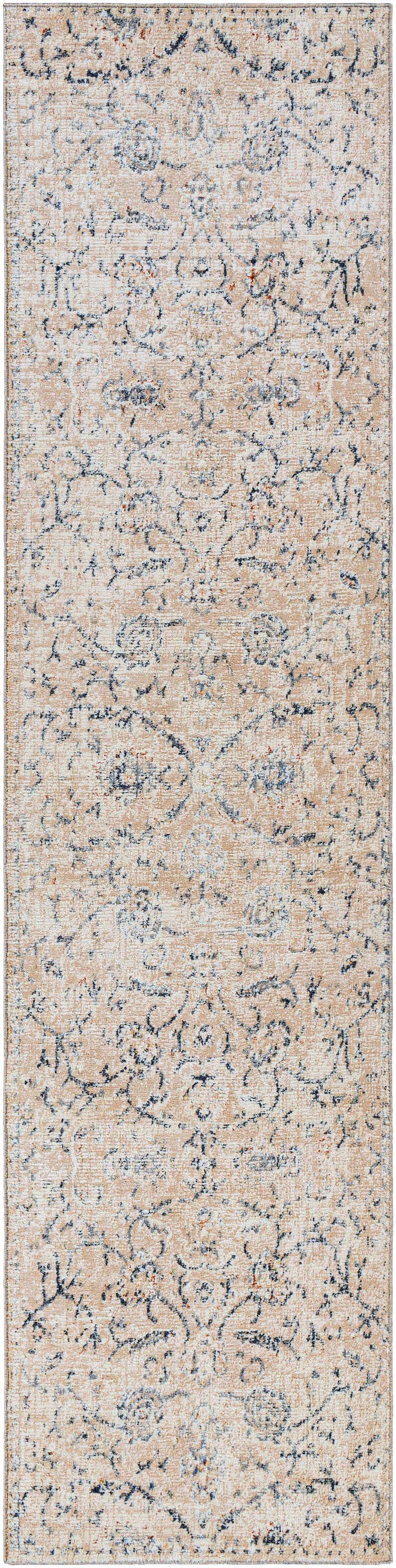 Close-up of Ternate Area Rug: cream, light beige, and navy traditional pattern. Machine woven polyester rug. Design-Runner-2610