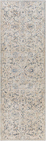 Close-up of the Ternate Area Rug featuring a traditional cream, denim, and brick red floral pattern. Design-Runner-268