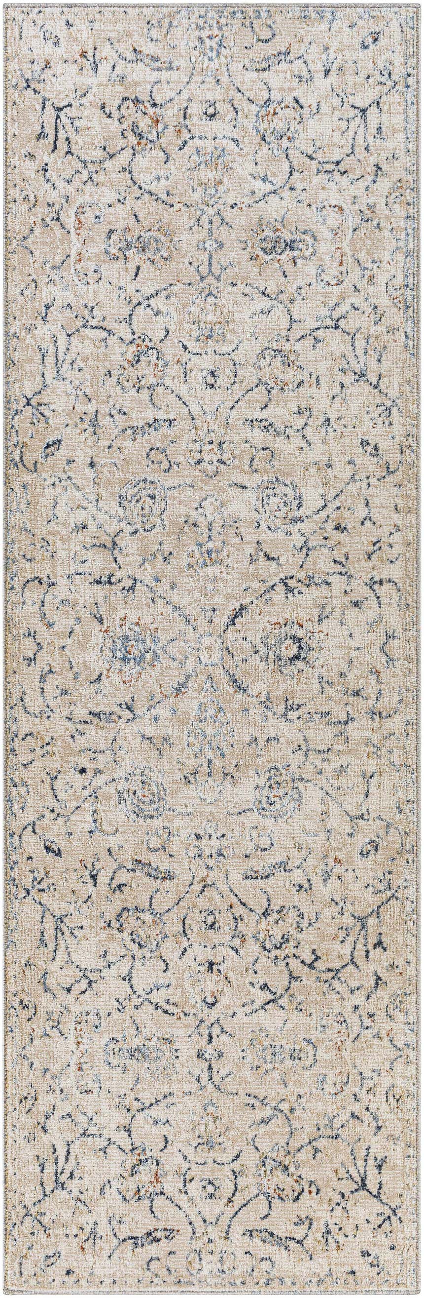 Close-up of the Ternate Area Rug featuring a traditional cream, denim, and brick red floral pattern. Design-Runner-268