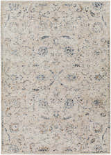 Close-up of Ternate Area Rug. Beige rug with a traditional, distressed floral pattern in navy, cream, and brick red. Design-Rectangle-579