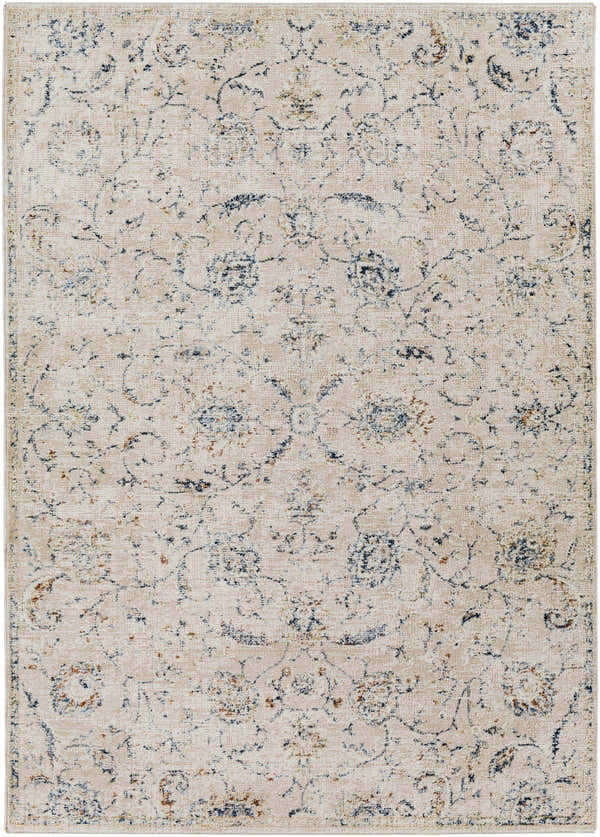 Close-up of Ternate Area Rug. Beige rug with a traditional, distressed floral pattern in navy, cream, and brick red. Design-Rectangle-579
