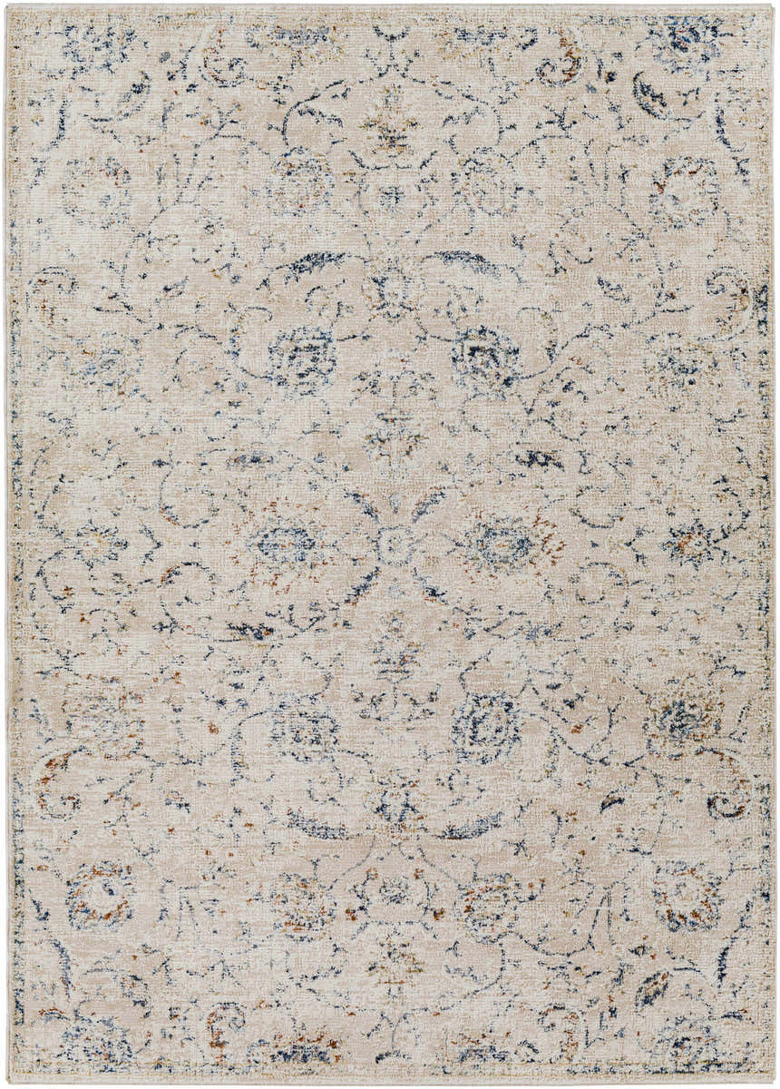 Close-up of Ternate Area Rug. Beige rug with a traditional, distressed floral pattern in navy, cream, and brick red. Design-Rectangle-579
