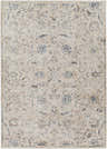 Close-up of Ternate Area Rug. Beige rug with a traditional, distressed floral pattern in navy, cream, and brick red. Design-Rectangle-579