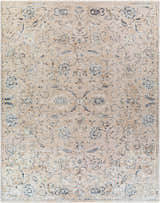 Close-up of the Ternate Area Rug. Cream rug with a traditional floral pattern in brick red, denim, and gray. Design-Rectangle-71010