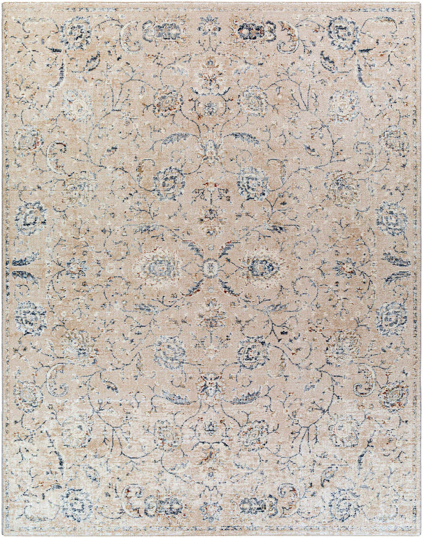 Close-up of the Ternate Area Rug. Cream rug with a traditional floral pattern in brick red, denim, and gray. Design-Rectangle-71010