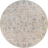 Round Ternate Area Rug - Clearance. Cream rug with blue and brick red floral, oriental pattern. Design-Round-710