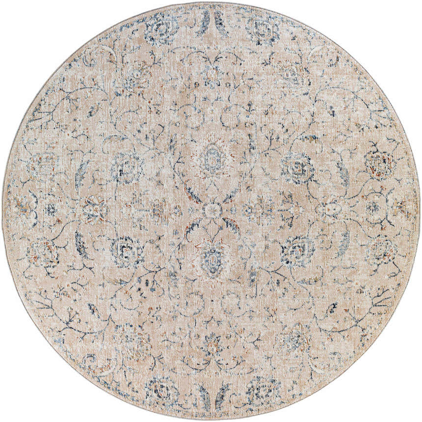 Round Ternate Area Rug - Clearance. Cream rug with blue and brick red floral, oriental pattern. Design-Round-710