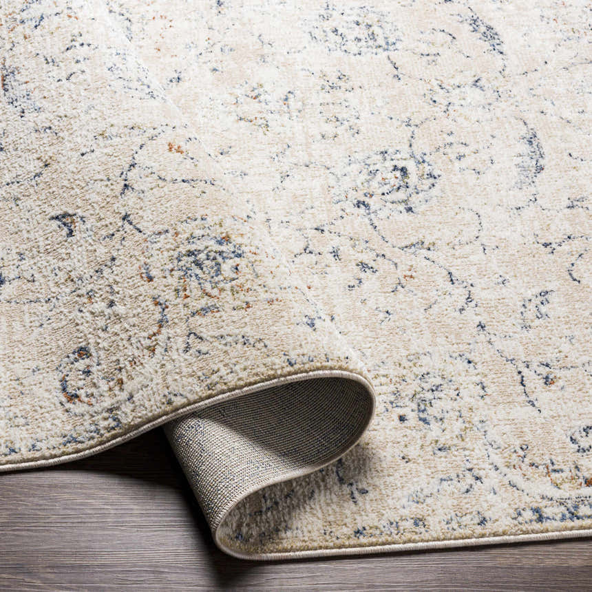 Close-up of the Ternate Area Rug, showing cream, denim, and brick red colors and a traditional oriental pattern. Fold