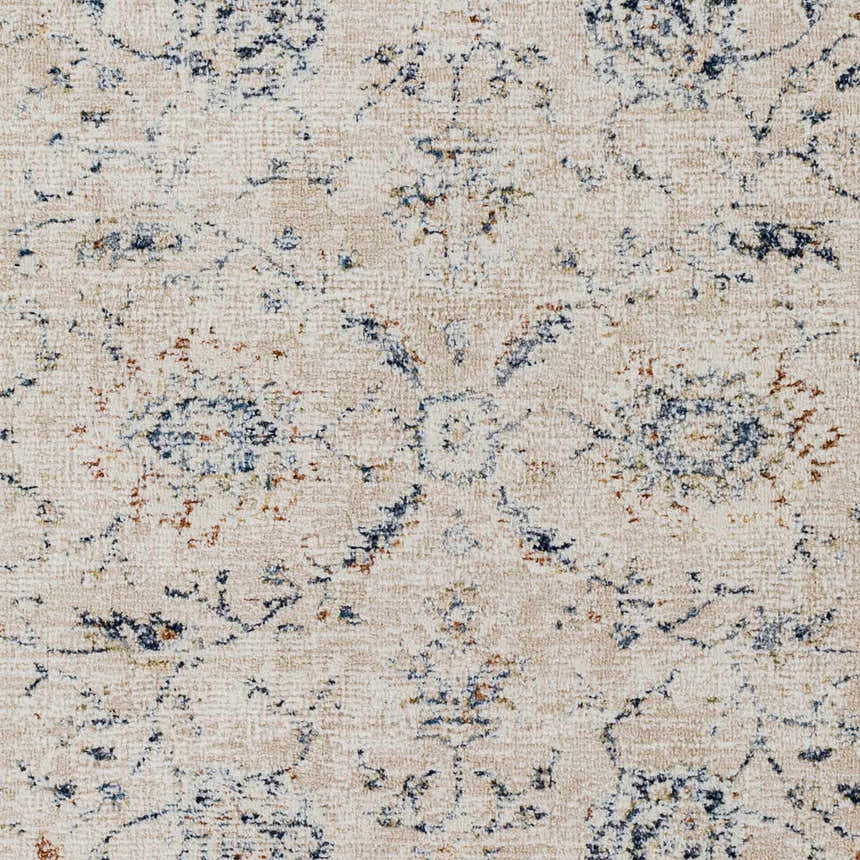 Close-up of the Ternate Area Rug, showcasing its cream base with brick red and navy blue traditional pattern. Swatch