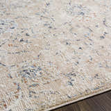 Close-up of Ternate Area Rug showing beige base with brick red and denim blue distressed pattern. Texture