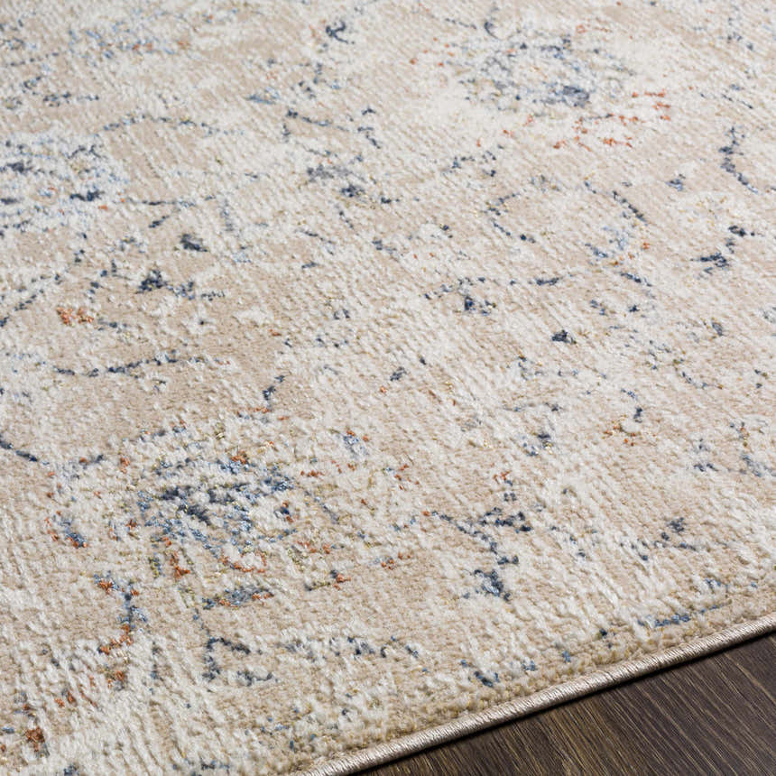 Close-up of Ternate Area Rug showing beige base with brick red and denim blue distressed pattern. Texture