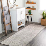 Bathroom scene with a cream Ternate Area Rug runner, white vanity, and rustic wood accents. Roomscene-Runner