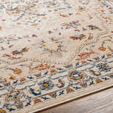 Close-up of Teva Traditional Style Rug showcasing its dark beige, blue, and garnet floral pattern and soft texture. Texture