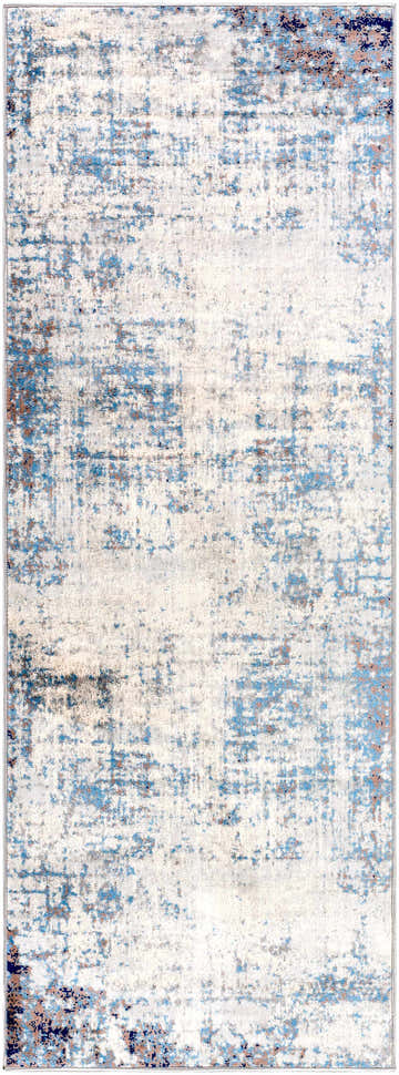 Close-up of the Texanna Abstract Blue/Gray Area Rug. Features a contemporary design with blue, gray, and off-white hues. Design-Runner-2773