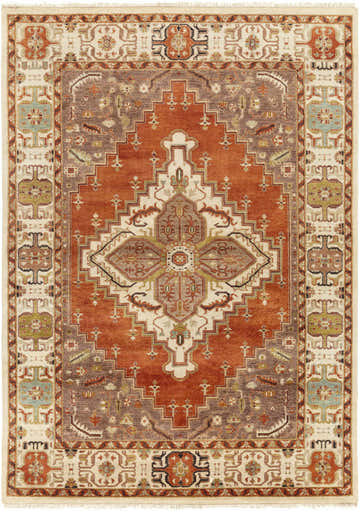 Overhead shot of the Texico Area Rug, a hand-knotted wool rug in rust, brown, and cream with a traditional medallion pattern. Design-Rectangle-811