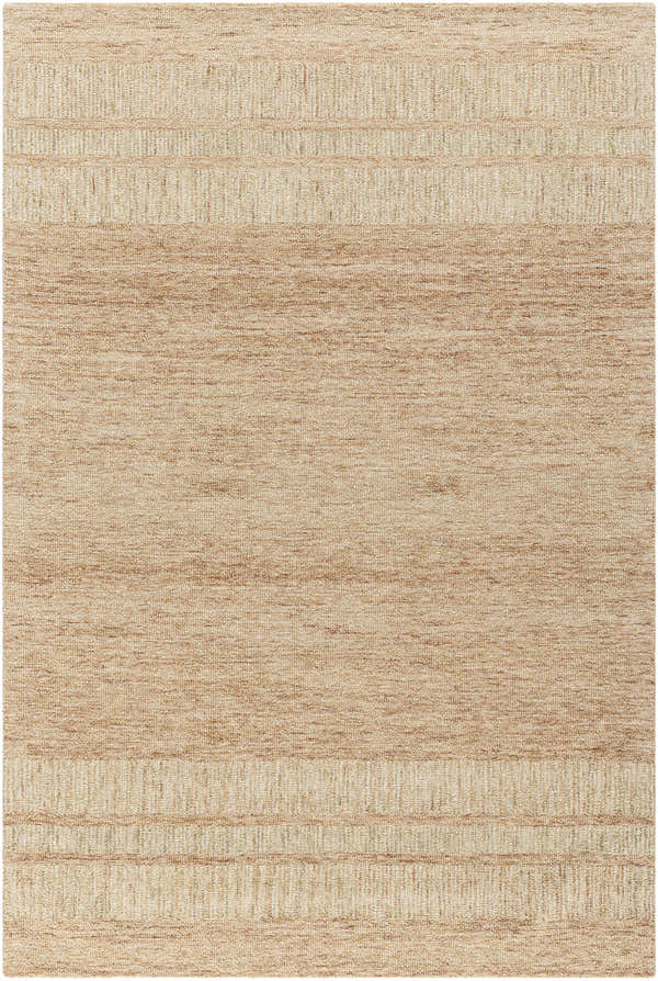 Close-up of hand-tufted Tansy Area Rug. Farmhouse style wool rug in brick red, camel, and tan with horizontal stripes. Design-Rectangle-576