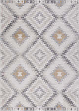 Close-up of the Tyipa Area Rug with a Southwestern diamond pattern in charcoal, cream, gray, and mustard. Design-Rectangle-5373