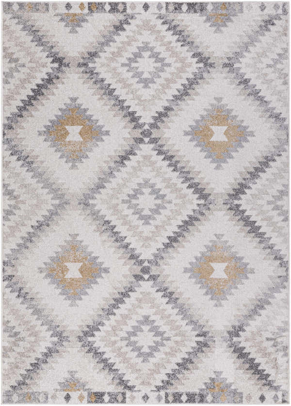 Close-up of the Tyipa Area Rug with a Southwestern diamond pattern in charcoal, cream, gray, and mustard. Design-Rectangle-5373