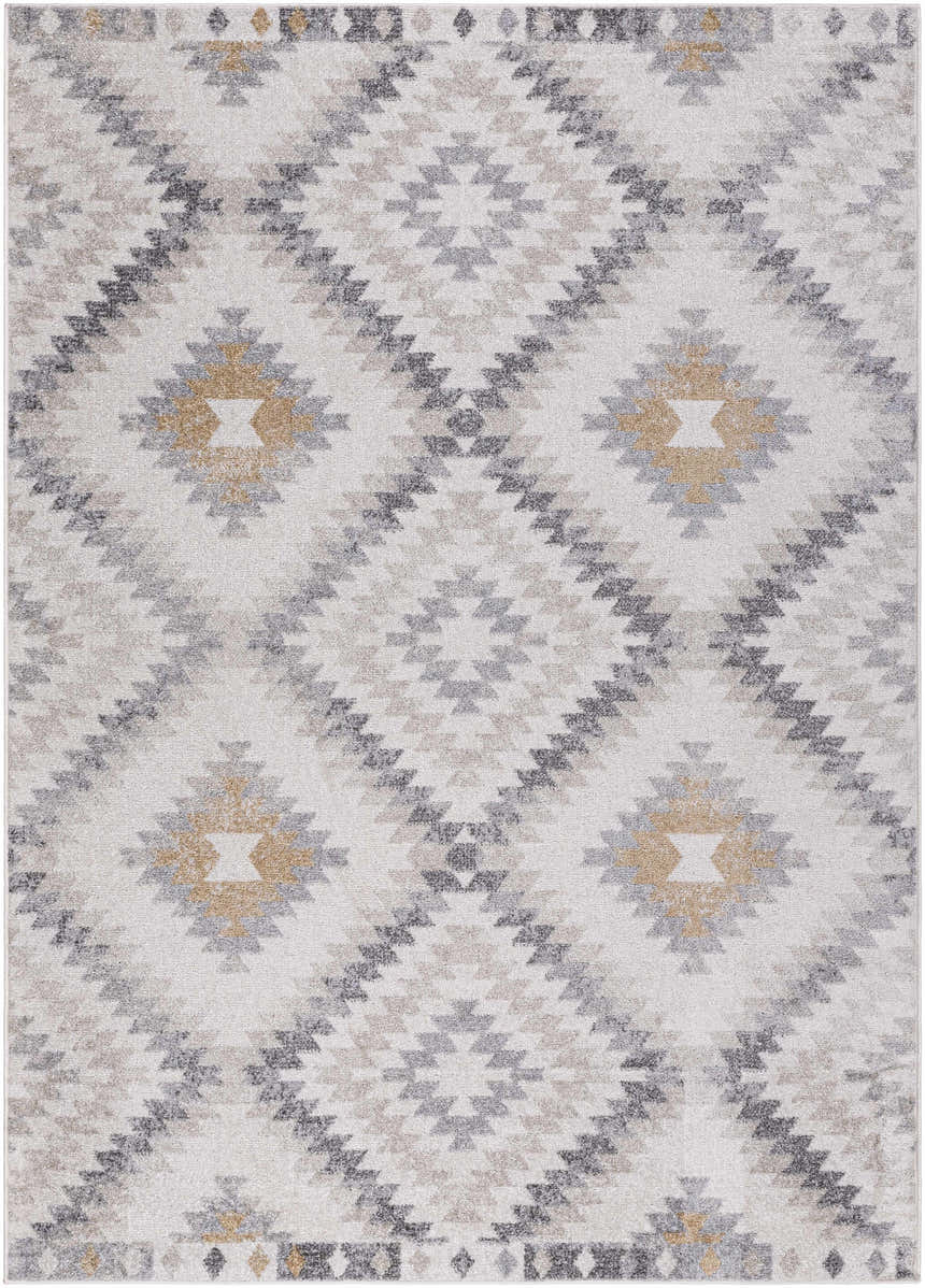 Close-up of the Tyipa Area Rug with a Southwestern diamond pattern in charcoal, cream, gray, and mustard. Design-Rectangle-5373