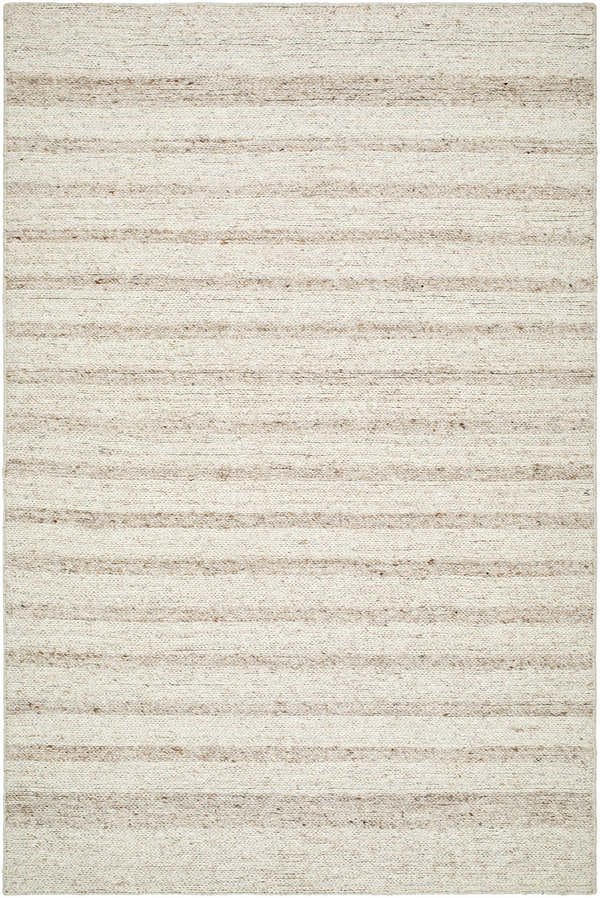 Close-up of the hand-tufted Trung Area Rug. Ash and pearl wool rug with a subtle horizontal stripe pattern. Farmhouse style. Design-Rectangle-576